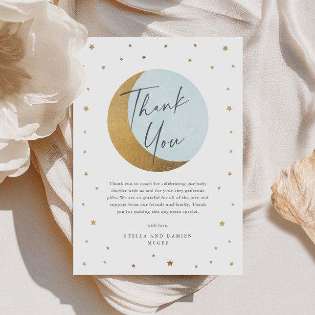 Cartão De Agradecimento Chá de bebê lua e estrelas (Elegant Gold Moon and Stars Script Blue Baby Shower Thank You Card.)