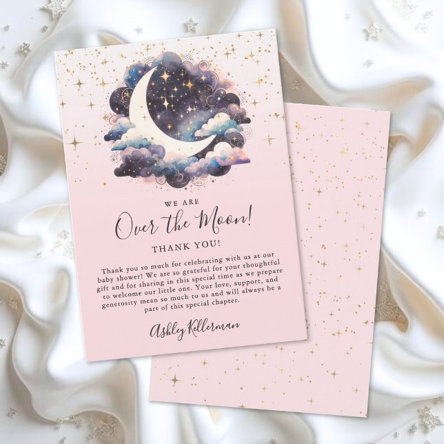 Cartão De Agradecimento Chá de Bebê Menina Além da Lua (Girl Over The Moon Baby Shower Thank You Card )
