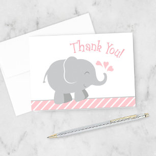 Cartão De Agradecimento Chá de Bebê Menina Elefante Cinza Rosa Moderno