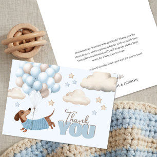 Cartão De Agradecimento Chá de Bebê Menino com Dachshund Fofa e Balões
