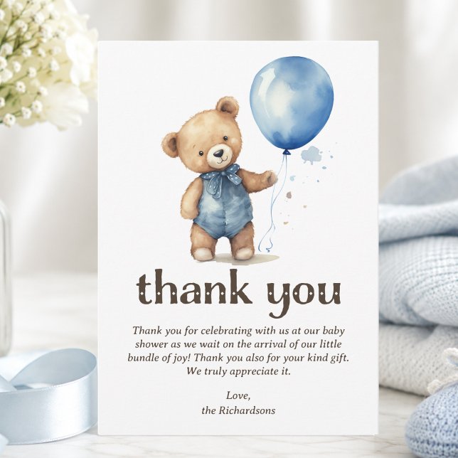 Cartão De Agradecimento Chá de Bebê Menino Urso de Pelúcia (personalized cute elegant blue teddy bear we can bearly wait baby boy shower thank you card)