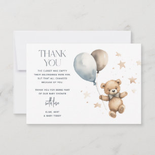 Cartão De Agradecimento Chá de Bebê Menino Urso Teddy Fofo