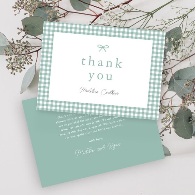 Cartão De Agradecimento Chá de Bebê Neutro em Tons de Verde Oliva Simples (Sage green bow gingham gender neutral  baby shower thank you cards.)