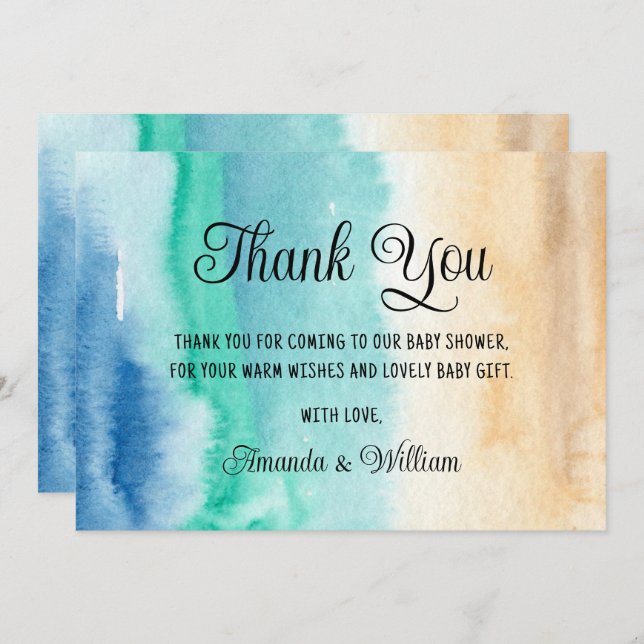 Cartão De Agradecimento Chá de Bebê no Tema Praia em Aquarela Obrigada  (Frente/Verso)