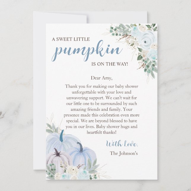 Cartão De Agradecimento Chá de Bebê Outono Pequena Abóbora Doce (Frente)