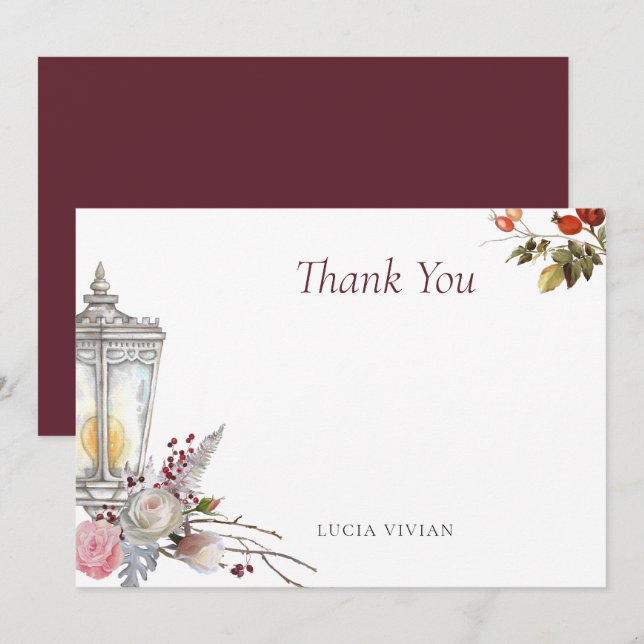 Cartão De Agradecimento Chá de Bebê Rústico com Rosas e Lanternas (Frente/Verso)