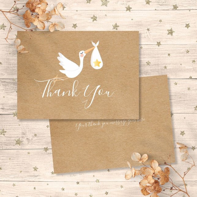 Cartão De Agradecimento Chá de Bebê Rústico Neutro Cegonha Estrela Dourada (Rustic Baby Shower Gender Neutral Stork Gold Star Thank You Card)