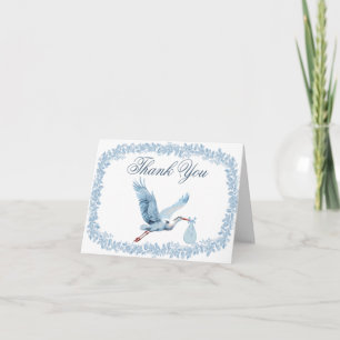 Cartão De Agradecimento Chá de Bebê Stork Azul Moldura Floral Vintage