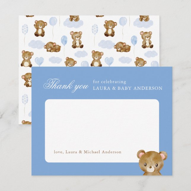 Cartão De Agradecimento Chá de Bebê Teddy Bear Classic Script Azul (Frente/Verso)
