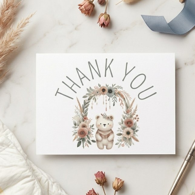 Cartão De Agradecimento Chá de Bebê Urso Aquarela Boho  (Criador carregado)