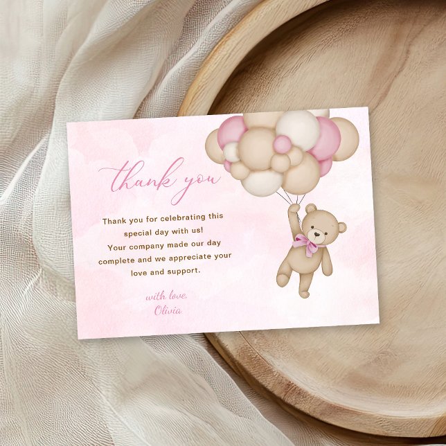Cartão De Agradecimento Chá de Bebê Urso de Pelúcia Rosa (Criador carregado)