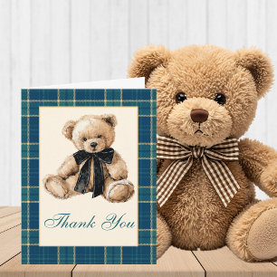 Cartão De Agradecimento Chá de Bebê Vintage Old Money Teddy Bear Obrigado