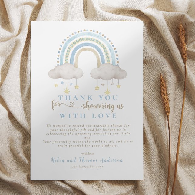Cartão De Agradecimento Chá de fraldas Arco-Íris Azul Boho (Boho Blue Rainbow Baby Shower Thank You Card)