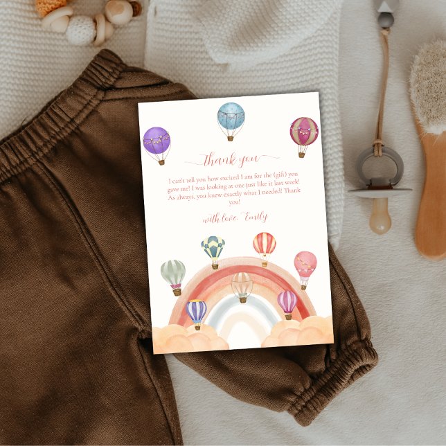 Cartão De Agradecimento Chá de fraldas Arco-Íris de Balão de Ar Quente, Co (Cute Colorful Hot Air Balloon Rainbow Baby Shower Thank You Card)