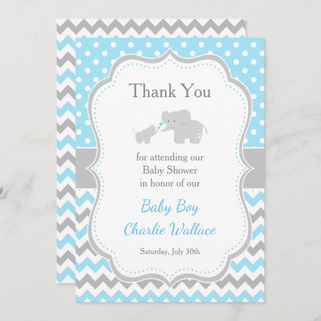 Cartão De Agradecimento Chá de fraldas azul e Cinza de elefante (Frente/Verso)