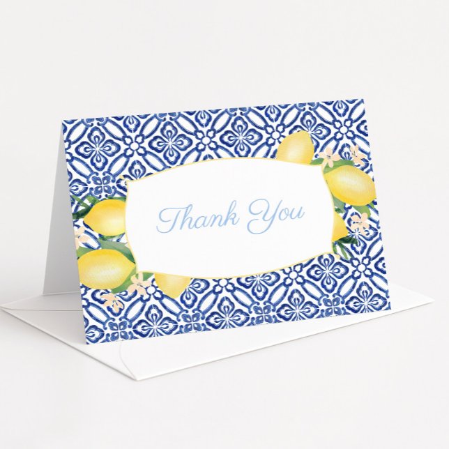 Cartão De Agradecimento Chá de fraldas Azulejos Powder Blue (Amalfi Lemons and blue and white vintage tiles baby boy shower thank you card)