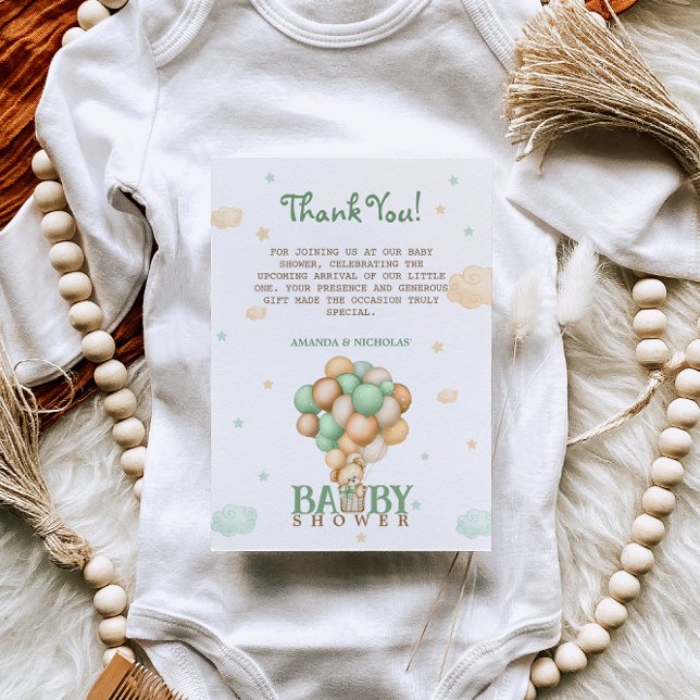 Cartão De Agradecimento Chá de fraldas Bear Balões Verdes Claros Muito Obr (Criador carregado)