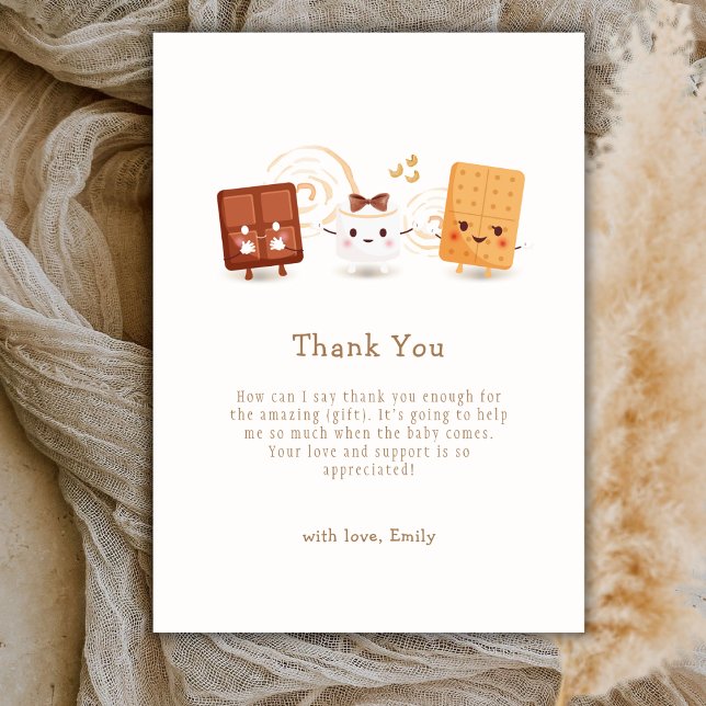 Cartão De Agradecimento Chá de fraldas Branco Mais Divertido (Cute Whimsical S'more Fun Baby Shower Thank You Card)