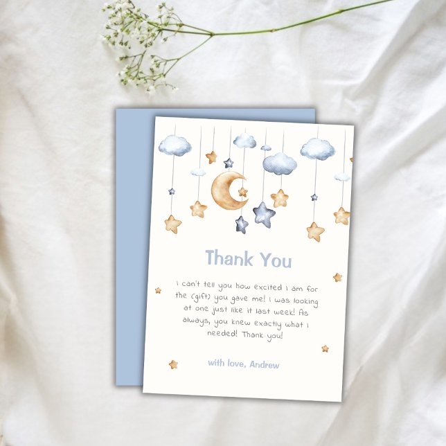 Cartão De Agradecimento Chá de fraldas Brilhante Elegante Azul (Blue Elegant Twinkle Twinkle Baby Shower Thank You Card)
