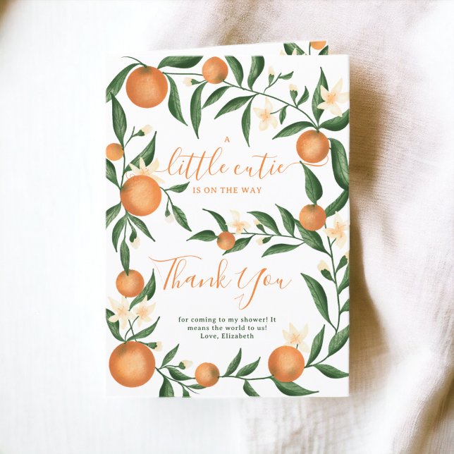 Cartão De Agradecimento Chá de fraldas-casaco-branca-laranja-botânica (Botanical citrus orange little cutie baby shower thank you card)
