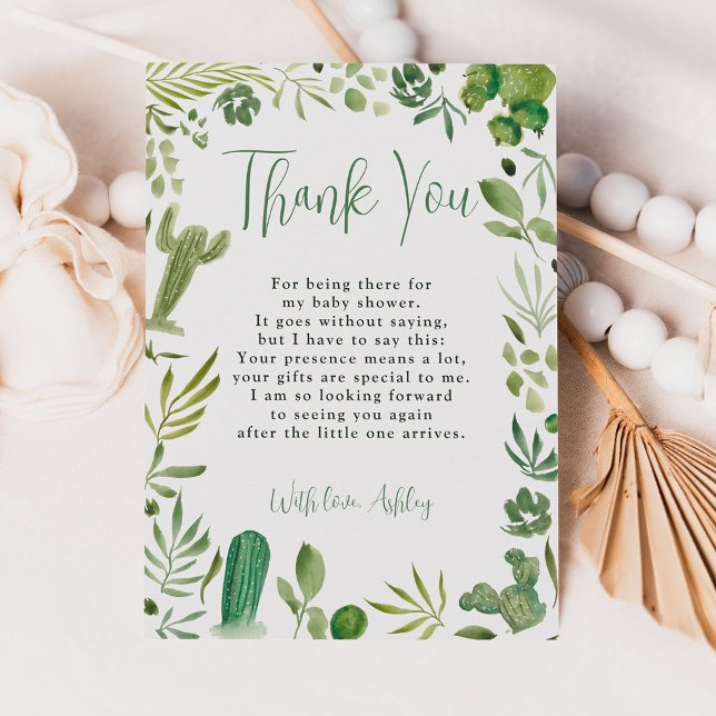 Cartão De Agradecimento Chá de fraldas chic neutro para o cactus verde-boh (Boho green cactus gender neutral chic baby shower thank you card)