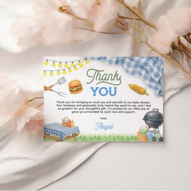 Cartão De Agradecimento Chá de fraldas CHURRASCO azul 5x3.5 (Blue BBQ Baby Shower 5x3.5 Thank You Card)