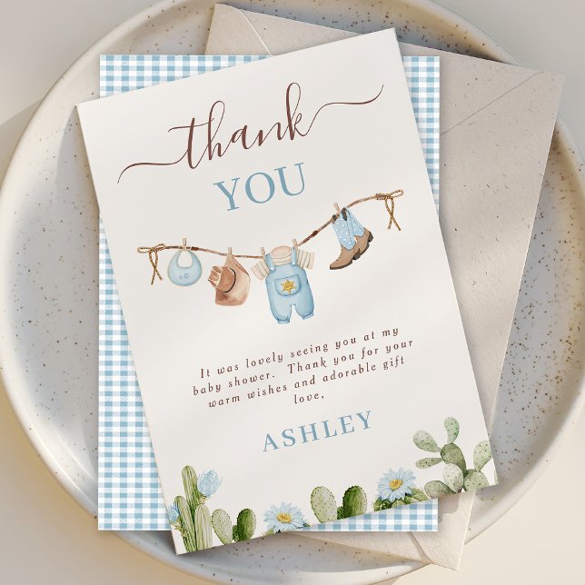 Cartão De Agradecimento Chá de fraldas Cowboy Cactus Blue Clothesline (Cowboy Baby Shower Thank You Card Template, Cowboy Clothesline Thank You Card Blue Floral Cactus)