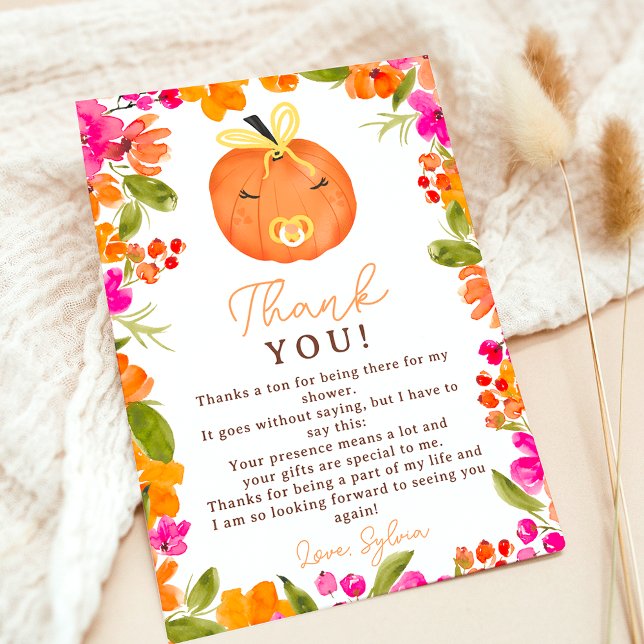 Cartão De Agradecimento Chá de fraldas de abóbora fofo de queda floral (Floral Fall cute little pumpkin baby shower Thank You Card)
