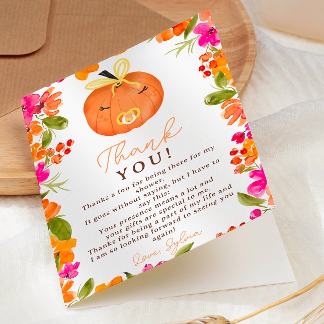 Cartão De Agradecimento Chá de fraldas de abóbora fofo de queda floral (Floral Fall cute little pumpkin baby shower Thank You Card)