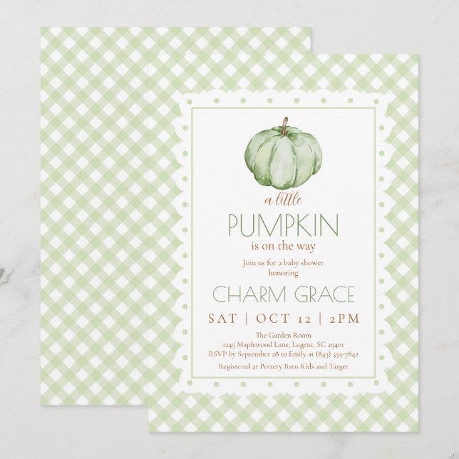 Cartão De Agradecimento Chá de fraldas de Abóbora Verde Gingham (Frente/Verso)