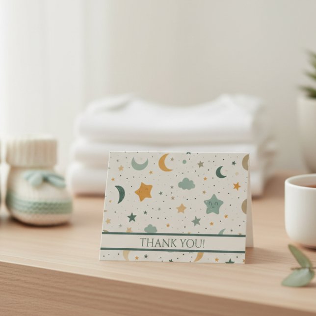 Cartão De Agradecimento Chá de fraldas de Adoção de Boho Cream Moons e Est (Boho cream baby thank you card featuring stars and moons)