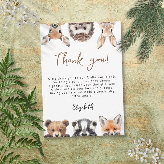 Cartão De Agradecimento Chá de fraldas de Animais da Floresta Moderna de C (Cute Modern Woodland Forest Animals Baby Shower Thank You Card)