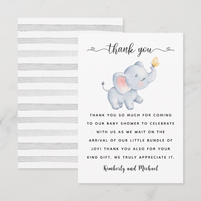 Cartão De Agradecimento Chá de fraldas de Aniversário do Bene Elefante (Frente/Verso)
