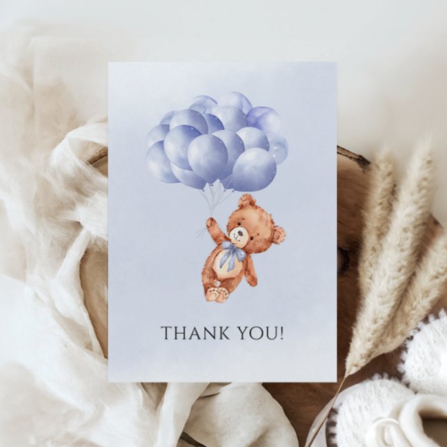 Cartão De Agradecimento Chá de fraldas de Aquarela de Azul-Urso Teddy (Teddy Bear Blue Balloon Watercolor Boy Baby Shower Thank You Card)