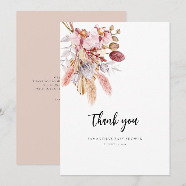 Cartão De Agradecimento Chá de fraldas de Aquarela Floral Pampas Grass (Frente/Verso)