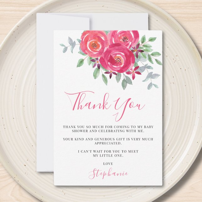 Cartão De Agradecimento Chá de fraldas de Aquarela Floral Rosa (Criador carregado)