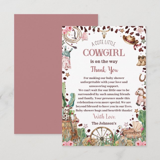 Cartão De Agradecimento Chá de fraldas de Aquarela Ocidental para Garota C (Frente/Verso)