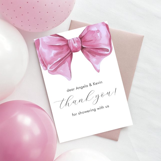Cartão De Agradecimento Chá de fraldas de Aquarela Rosa Girassol (Girly Pink Watercolor Bow Baby Shower Thank You Card)