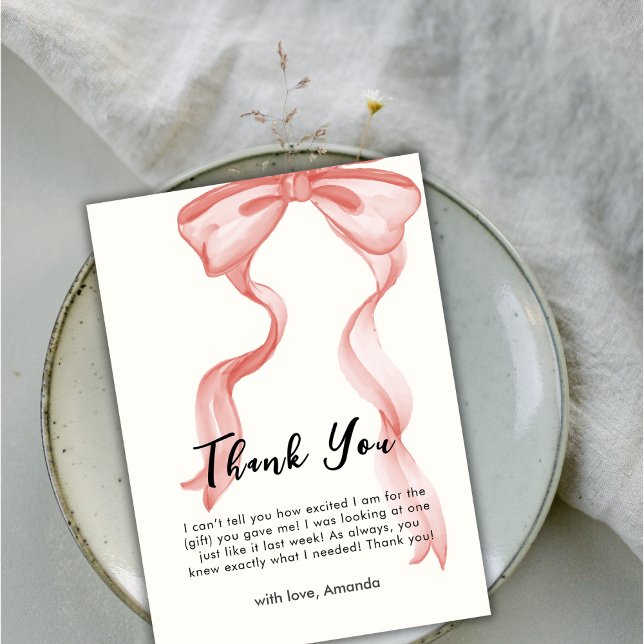 Cartão De Agradecimento Chá de fraldas de Arco Elegante Moderno Rosa (Pink Modern Elegant Bow Girl Baby Shower Thank You Card)