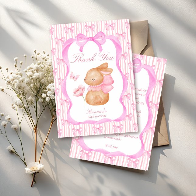 Cartão De Agradecimento Chá de fraldas de arco rosa-rosado (Cute Bunny pink bow border girls baby shower Thank You Cards spring baby shower thank you cards)