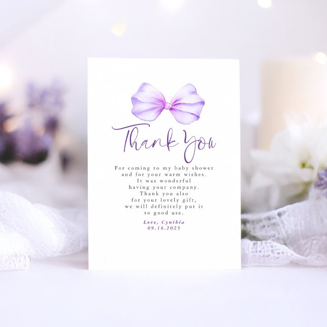 Cartão De Agradecimento Chá de fraldas De Arco Roxo Elegante Obrigado (Small Thank You Card with Purple Bow)