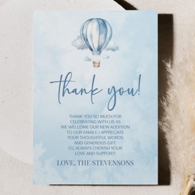 Cartão De Agradecimento Chá de fraldas de Balão de Ar Quente Azul de Aquec (Criador carregado)