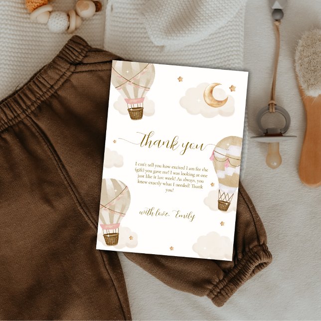 Cartão De Agradecimento Chá de fraldas de Balão de Ar Quente Moderno Elega (Modern Elegant Boho Hot Air Balloon Baby Shower Thank You Card)