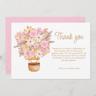 Cartão De Agradecimento Chá de fraldas de Balão Floral Rosa para Cima e pa