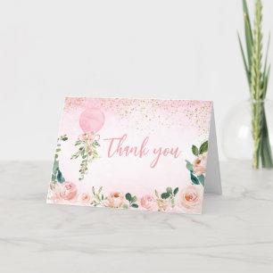 Cartão De Agradecimento Chá de fraldas de Balão Floral Rosa Verde