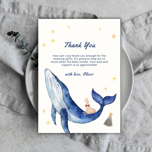 Cartão De Agradecimento Chá de fraldas de baleia branco-azul (Blue Cute Whimsical Duck Stars Whale Baby Shower Thank You Card)