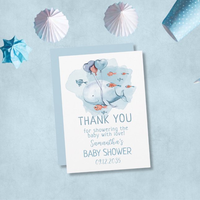 Cartão De Agradecimento Chá de fraldas de baleia personalizado, obrigado (Custom Whale Boy Baby Shower Guest Thank You
)