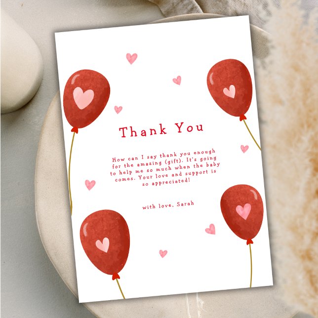 Cartão De Agradecimento Chá de fraldas de Balões Moderno da Sweetheart (Modern Little Sweetheart Balloon Baby Shower Thank You Card)