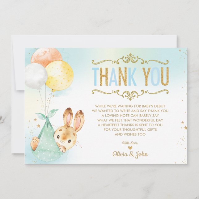 Cartão De Agradecimento Chá de fraldas de Bebê Bunny Balloons (Frente)