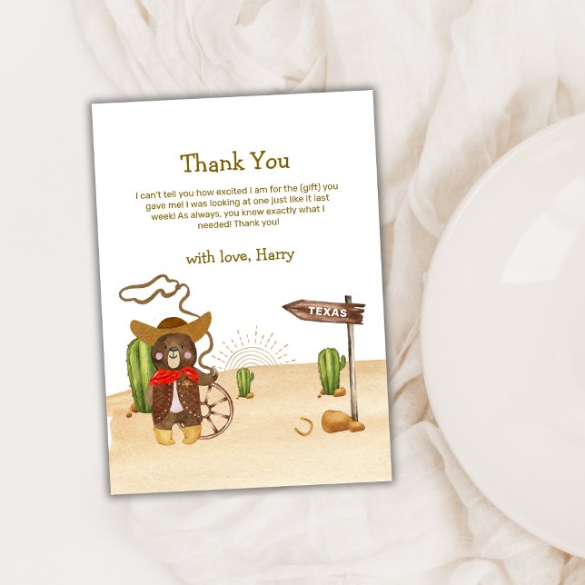 Cartão De Agradecimento Chá de fraldas de Boho Cowboy Urso Ocidental Rodeo (Boho Cowboy Bear Western Rodeo Cactus Baby Shower Thank You Card)